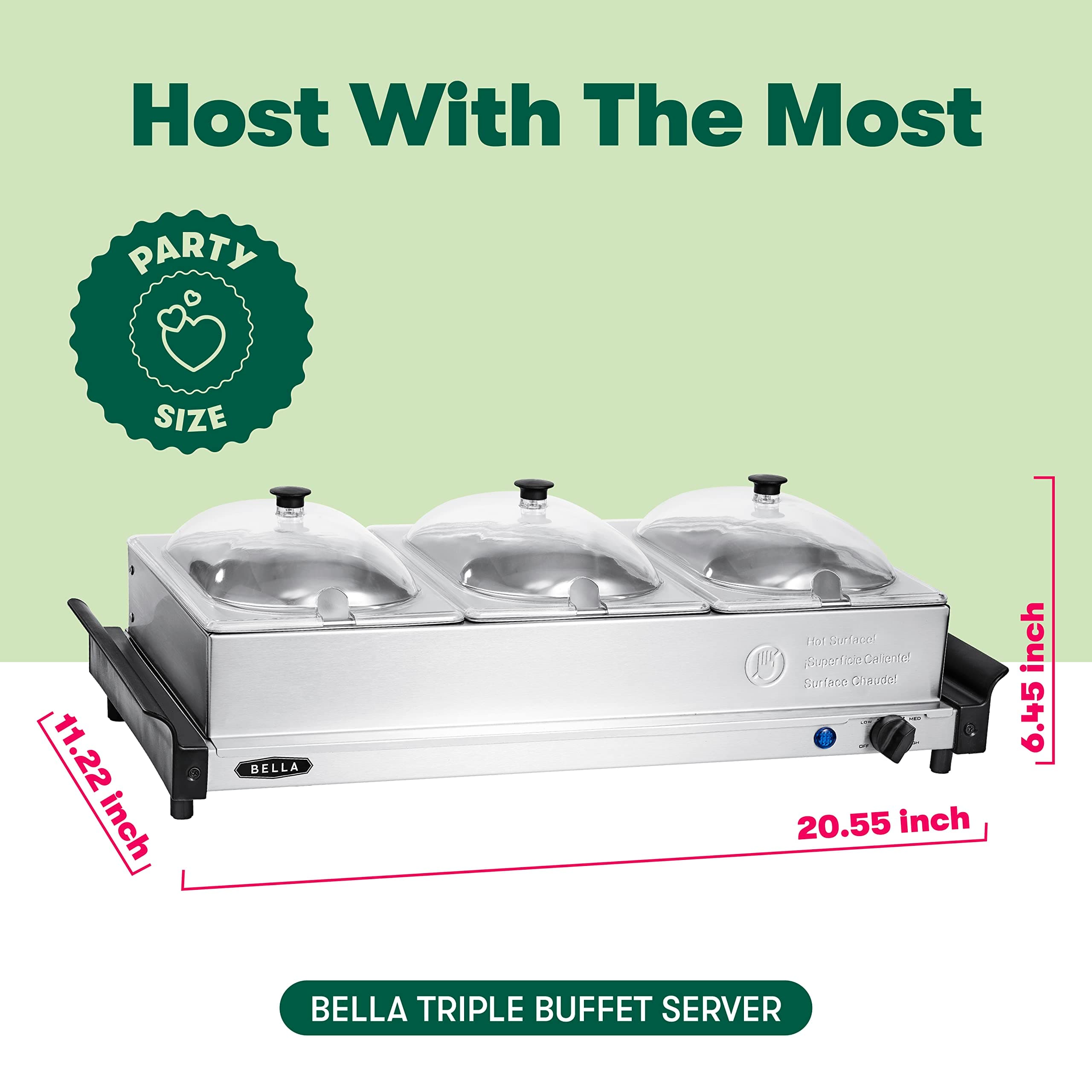 BELLA 3 x 1.5 Quart Triple Electric Buffet Server, Food Warming Tray & Slow Cooker - Brushed Stainless Steel Heated Serving Station for Parties & Catering