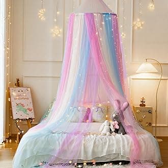 Rainbow Bed Canopy with Warm Fairy Lights,X-Large Princess Canopy Hanging Netting for Girls Bedroom Decor,Kids Fairy Dream Play Tent for Room,Reading Corner