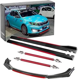 x xotic tech Front Bumper Lip Chin Spoiler+ 2M Side Skirt Winglets Diffusers+ Adjustable 10"-13" Support Rod Universal Fit Most Vehicles, Carbon Fiber w/Red