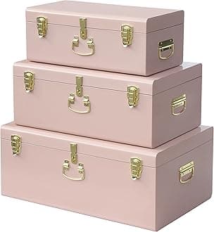 Vixdonos Decorative Box Set of 3 Metal Trunks Chest with Safety Lock Clasp for Treasure Organization and Home Dorm Decor,26.8x16.5x11Inches