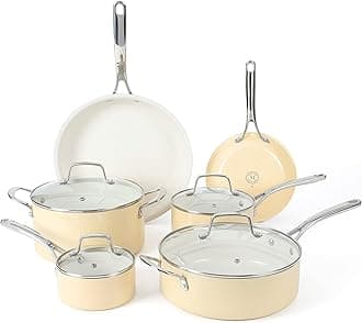 Lockton Nonstick Ceramic Interior 10 Piece Enamel Aluminum Cookware Set - Butter Cream
