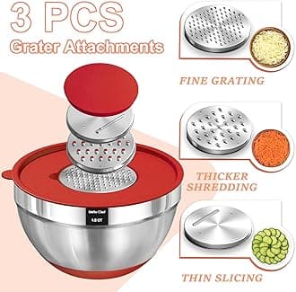 Umite Chef Mixing Bowls with Airtight Lids Set, 8PCS Stainless Steel Nesting Bowls Set, 3 Grater Attachments & Non-Slip Bottoms, Size 5, 4, 3.5, 2, 1.5QT for Baking & Mixing(Colorful)