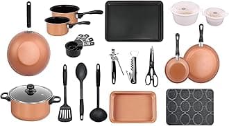 21 Piece Copper Student Kitchen Starter Kit Saucepan Utensil Pans Pots Cookware Bakeware Set