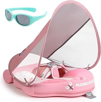 Mambobaby Newest Non Inflatable Baby Float Size Improved Add Tail Avoid Flip Over Swim Trainer Solid Infant Pool Float with Canopy UPF 50+ Swim Ring