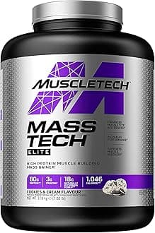 MuscleTech MassTech Elite Protein Powder, Weight & Muscle Mass Gainer, Whey Isolate Mass Protein Powder With 3g Creatine, 80g Protein, 18g BCAA, 14 Servings, 3.2kg, Cookies & Cream