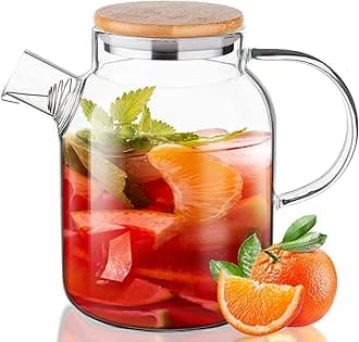 ParaCity Glass Water Jug Teapot Stovetop Safe with Removable Filter Spout, Lid/Handle for Loose Leaf and Blooming Tea, Juice, Milk, Beverage, Hot/Cold & Iced 64 OZ(1800ML), Transparent