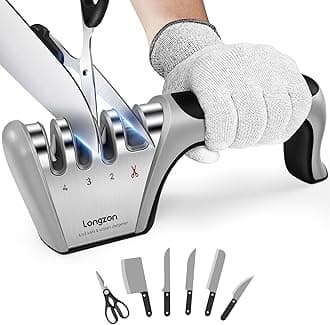 4-in-1 Knife Sharpener [4 Stage] with a Pair of Cut-Resistant Glove, Original Premium Polish Blades, Best Kitchen Knife Sharpener Really Works for Fruit Knife and Steel Knives, Scissors