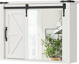 DWVO Bathroom Medicine Cabinet with Mirror, Wall Cabinet w/Rustic Sliding Barn Door, Farmhouse Mirrored Medicine Cabinet Bathroom Storage Cabinet Organizer with Adjustable Shelf, 32" White Oak