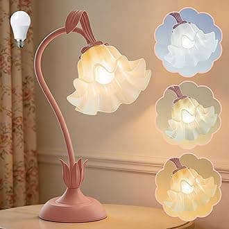 Flower Table Lamp Bedside Lamps LED Reading Light,3 Color Modes Cute Small Lamp,Vintage Flower Lamp Nightstand Lamp Kawaii Table Lamp for Bedroom Living Room Office Dorm Desk Home Decor (pink lamp)