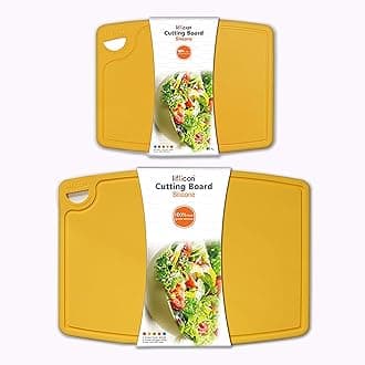 Liflicon Thick Cutting Boards for Kitchen Silicone Chopping Board Set of 2 Mid 12.6'' x 9.1”,Mini 9.1”x7.1” Non-slip Deep Drip Juice Groove Easy Grip Handle,Dishwasher Safe-Yellow
