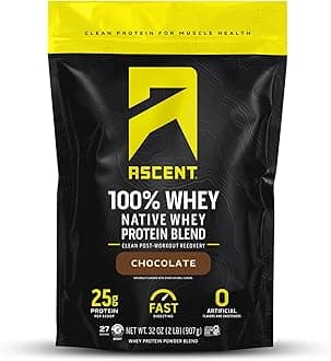 Ascent 100% Whey Protein Powder - Post Workout Whey Protein Isolate, Zero Artificial Flavors & Sweeteners, Gluten Free, 5.5g BCAA, 2.6g Leucine, Essential Amino Acids, Chocolate 2 lb