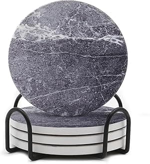 LIFVER Drinks Coasters Set of 4, Living Room Decor, Ceramic Absorbent Coasters with Cork Base, Protect Wooden Table or Furniture from Scratched, Drink Coasters with Holder - Grey