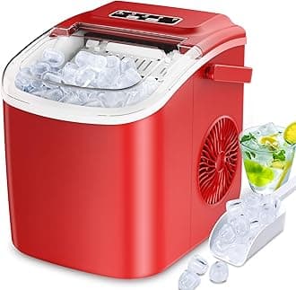 Countertop Ice Maker, Portable Ice Maker Machine with Carry Handle, Self-Cleaning Ice Makers, 9 Pellet Ice in 6 Mins, 26.5Lbs/24H with Ice Bags and Ice Scoop Basket for Home Bar Camping RV(Red)
