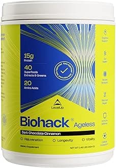 LevelUp Biohack Ageless: Colostrum Collagen Superfoods Antioxidants Spermidine Amino Acids Creatine for Women and Men, Total Body Rejuvenation (Dark Chocolate Cinnamon)