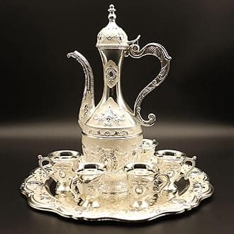 THE WHITE SHOP Turkish Tea Sets, Vintage Turkish Coffee Sets with Pot (0.53qt/16.91oz) Tray and 6 Cups Main Function for Home Decor Birthday Housewarming Wedding. (Color : Silver)