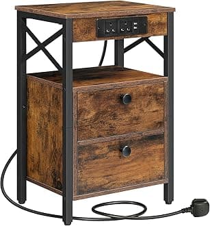 HOOBRO Wooden Bedside Table with Charging Station, X-shaped Side Table with 2 Wooden Drawers, Nightstand with 2 USB Ports and 2 AC Outlets, 38 x 28 x 60 cm, Rustic Brown EBF138KBZ01