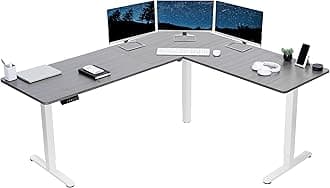 VIVO Corner Standing Desk, 75 x 63 inch Reversible L-Shaped Workstation, Electric Height Adjustment, Home, Office, and Reception Rooms, Dark Gray Table Top White Frame, DESK-E3CTWG-75