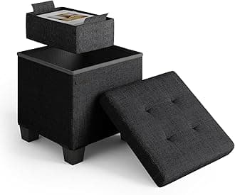 Storage Ottoman Cube with Storage Bin, 15-In Square Ottoman with Storage for Living Room and Bedroom, Small Ottoman Foot Rest, Foot Stools Ottoman, Storage Chest Max 660lbs, Linen Fabric Black Ottoman