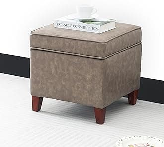 Adeco 17.5" Square Storage Ottoman, Faux Leather Flip Top Footstool & Coffee Table, Upholstered Foot Rest with Wood Legs, Small Extra Seat for Living Room & Bedroom, Coffee Brown