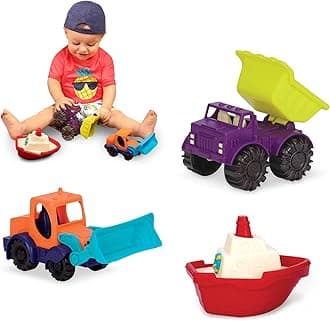 B. toys – 3 Mini Toy Cars Water & Sand Playset for Kids Beach Toys Includes 2 Trucks & 1 Boat Durable & Easy to Grab Perfect for Indoor/Outdoor Play