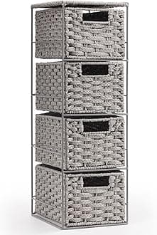 EHC Drawers Storage Unit Baskets, 4 Drawer Wicker Hand-Woven Storage boxes Shelves, Slimline Ideal For Organising Home or Office - Grey