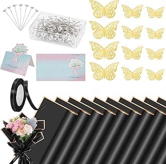 20 Sheets Flower Wrapping Paper Bouquet Wrapping Paper Waterproof with 10 Pcs Greeting cards, 12PCS 3D Gold Butterfly Decor, 50 pearl pins and 24 Yards Satin Ribbon for Wedding DIY Craft Party Black