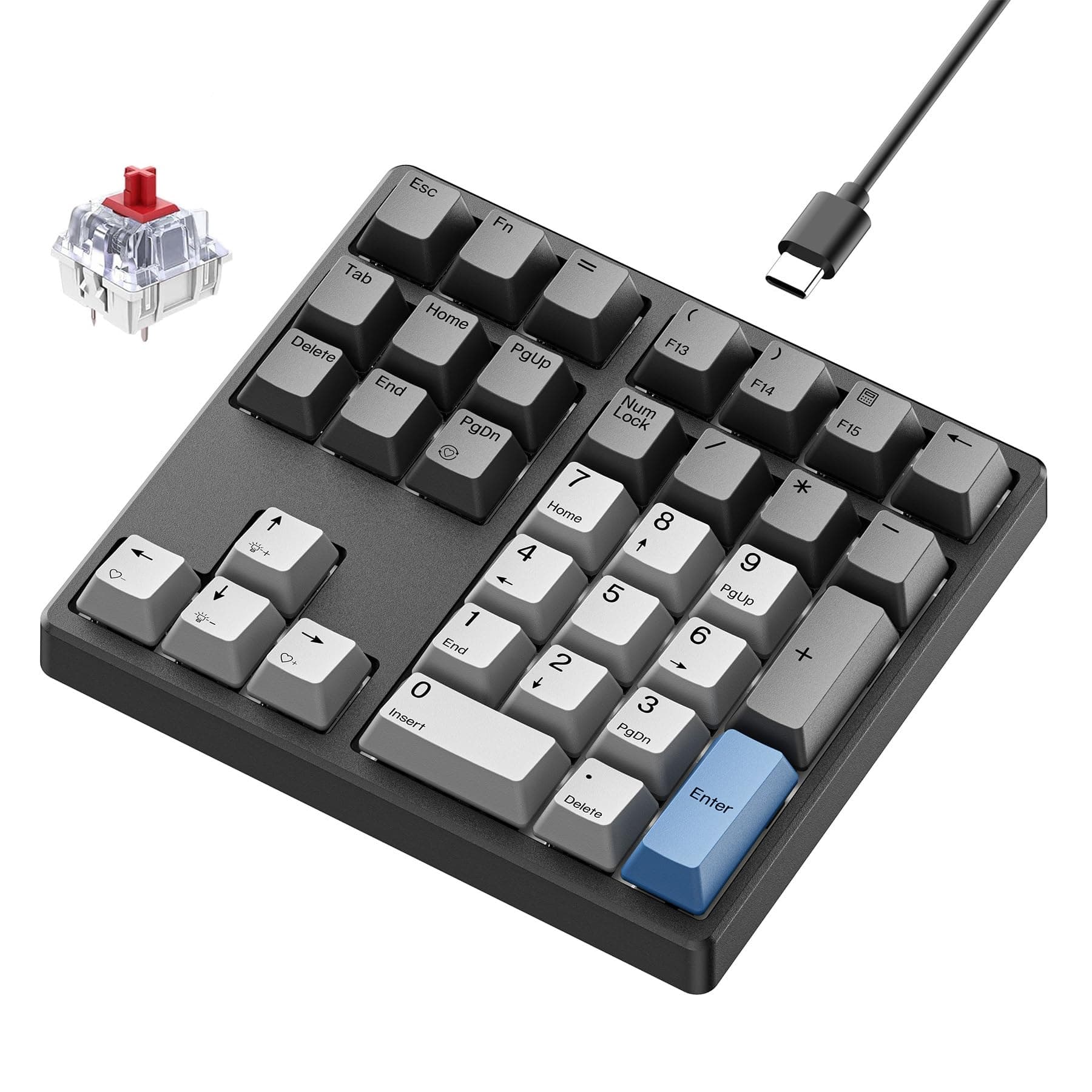 KN34 Wired Mechanical Number Pad- 34 Keys Hot Swappable Numeric Keypad with White Backlight& PBT Keycaps for Laptop, MacBook, PC Desktop, Compact Keyboard(Red Switch)