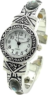 Ladies Silver Metal Bangle Cuff Fashion Watch with Stones Pearl Dial