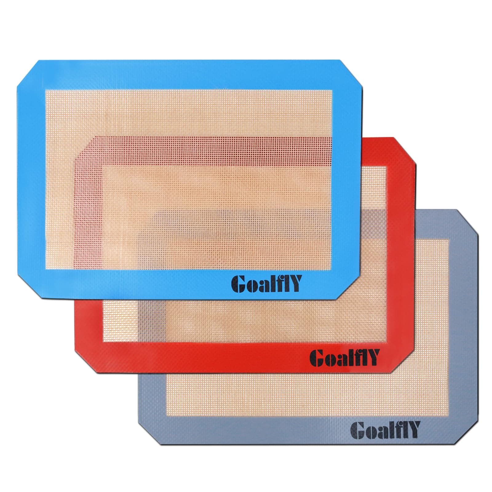 Small Silicone Baking Mat Sheet (11.8 x 8.5 IN), 3 Pieces Baking Mat Set, Reusable Silicone Mat for Oven, Toaster, Baking Tray, Baking Pan (Red, Blue, Grey)