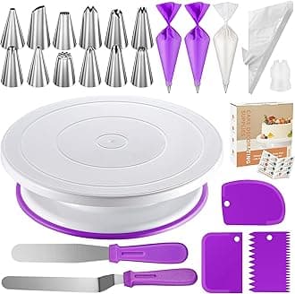Kootek 71PCs Cake Decorating Supplies Kit, Cake Decorating Set with Cake Turntable, 12 Numbered Icing Piping Tips, 2 Spatulas, 3 Icing Comb Scraper, 50+2 Piping Bags, and 1 Coupler for Baking(Purple)