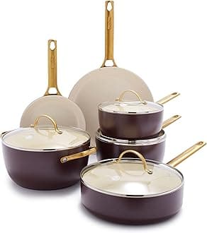 GreenPan Reserve Hard Anodized Healthy Ceramic Nonstick 10 Piece Cookware Pots and Pans Set, Gold Handle, PFAS-Free, Dishwasher Safe, Oven Safe, Merlot Purple