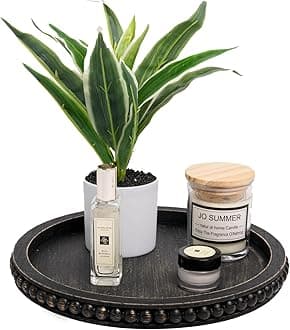 HPC Decor 12in Round Tray for Home Decor- Black Wood Beaded, Decorative Round Tray for Living Room Decor, Coffee Table Decor, Kitchen Table Decor or Farmhouse Serving Tray
