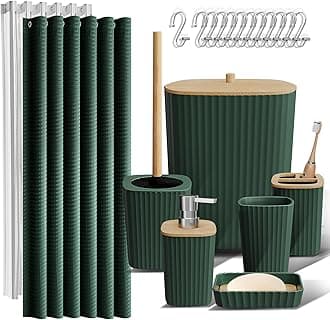Clara Clark Bathroom Accessories Set - Bathroom Set, Bathroom Accessory Set, Shower Curtain Set, Toilet Brush, Trash Can & Soap Dispenser - Green - 20PC