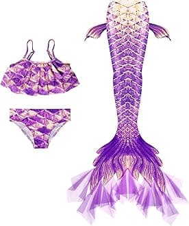 Generic3 Piece Girls Kids 𝙈ermaid Tail Swimsuit for Swimming Gradient Color Ruffles Tiered Backless Cosplay Bikini Swimwear