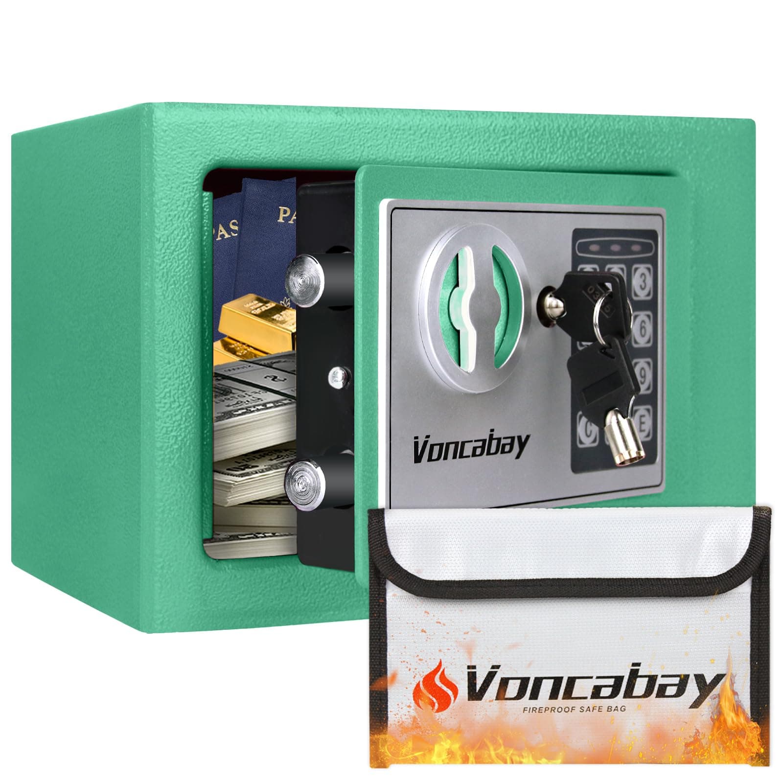 Voncabay Money Safe Box for Home with Sensor Light & Fireproof Security Safe Box for Money Safe with Keys & Pass Code, Lock Box Fireproof Safe with Digital Keypad Green