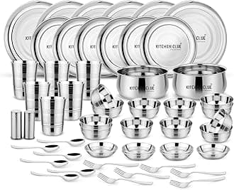 Premium Grade Quality Stainless Steel Dinner Set of 52 Pcs, Silver Touch Design - Attractive & Stylish Looks - Add Grace to Your Kitchen - Exclusive Kitchen Set for Home - Safe Durable