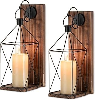 Sconces for Wall Decor Set of 2 - Farmhouse Wood Sconces for Indoor, Black Metal Lantern Decor for Living Room, Front Porch, Patio