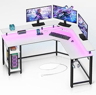 L-Shaped Gaming Desk with LED Lights, Power Outlets, Corner Computer Desk with Storage Shelves - PC Writing Table for Home Office, White (135x118x87cm)