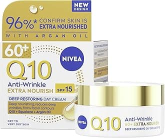 NIVEA Q10 Anti-Wrinkle 60+ Extra Nourishing Day Cream SPF 15 (50ml), Anti Wrinkle Face Cream to Reduce Fine Lines and Firm Skin, Nourishing Face Moisturiser for Mature Skin