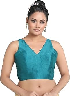 Madhu Fashion Women's Sleeveless Solid Pattern V Neck Readymade Saree Blouse