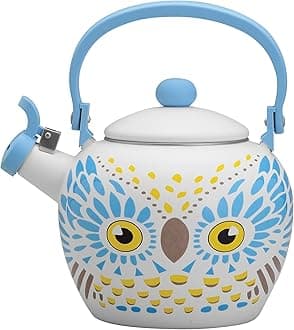 Enamel Whistling Teapot Tea Kettle Teakettle Stovetop Gas Hob Induction Hob, 2.0 Litre - Gourmet Art Owl Design