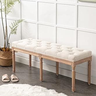 Bonzy Home 47” Bedroom Bench,French Vintage Tufted Entryway Benches Upholstered Dining Benches with Cushion,Linen Fabric End of Bed Bench for Bedroom Living Room Entryway,Beige