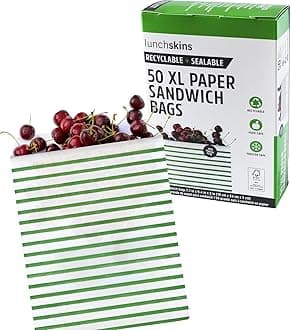 Lunchskins Recyclable & Sealable XL Sandwich Bags – 50 Count | Stripe Design | Eco-Friendly Food Storage Bags Made from Grease-Resistant Glassine Paper with Self-Adhesive Closure