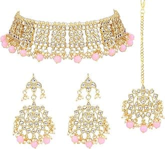 AheliElegant Indian Wedding Wear Faux Kundan Studded Choker Necklace with Maang Tikka Set Ethnic Fashion Jewelry for Women