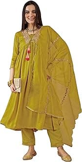 RENDMALLS Women's Satin Silk Embroidery Salwar Suit Set Kurta Pant with Dupatta