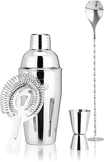True 4-Piece Cocktail Shaker Set Includes Cobbler Shaker, Strainer, Jigger, Bar Spoon for Classic Cocktails, Mixed Drinks, Cold Brew, Home Bar Tools, Bartender Gifts, Bar Cart Accessories, Silver
