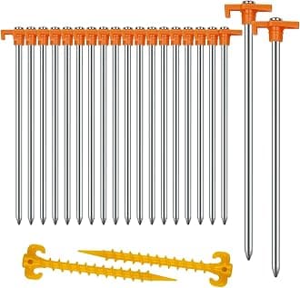 Tent Stakes Heavy Duty Camping Stakes,AVOFOREST 9.8inch Non-Rust Metal Tent Pegs Ground Stakes Tent Spikes Camping,Garden,Hiking Orange (Orange 20+2pcs, 10IN)