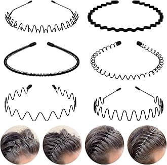 6PCS Metal Hair Bands, Spring Wavy Hair Hoop Unisex Black Wavy Headband Slicked Back Headband Non Slip Sports Hairband for Women Men