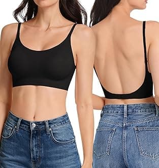 Low Back Bra Seamless Multiway Bralette - Scoop Neck Backless Bras for Women Padded Spaghetti Thin Strap Wireless Bra