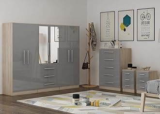 Unique Furnishings Gloss GREY Large Wardrobe Set - 6 Door 3 Drawers & Long Mirror + Chest Of Drawers + 2x Bedsides